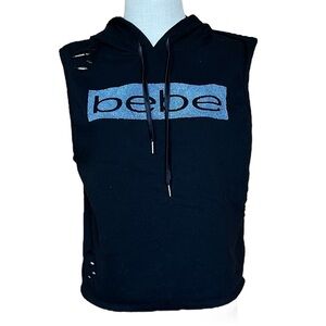 Bebe Sport Medium Black Sleeveless Distressed Hooded Sweatshirt Casual Athletic